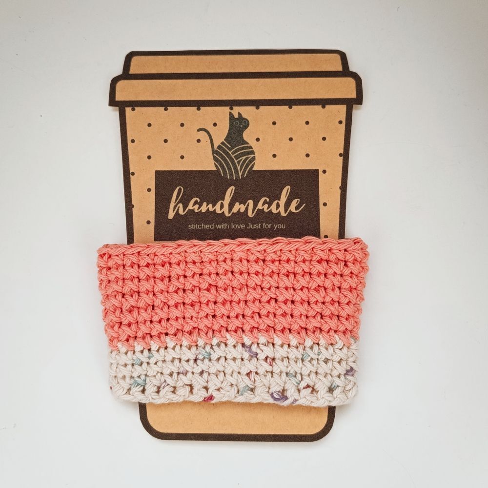 ❤️Handmade Coral and Cream Crochet Cup Sleeve